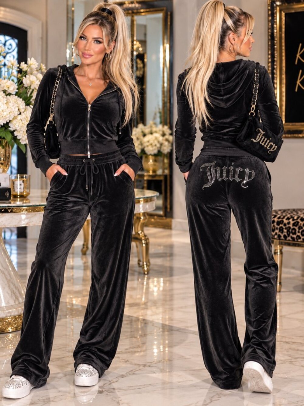 Juicy Couture BLING back Velour Black Rhinestone‎ Tracksuit Pant Large NWT